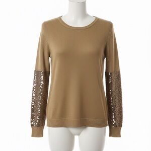 NWT L Love Tan Knit Sequin Striped Sleeve Sweater – Gold Accents – Size S/M